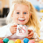 Personalised Cartoon Easter Bunny Birth Flower Initial 12 oz Coloured Rim Enamel Mug with Name Easter Gift for Boys and Girls