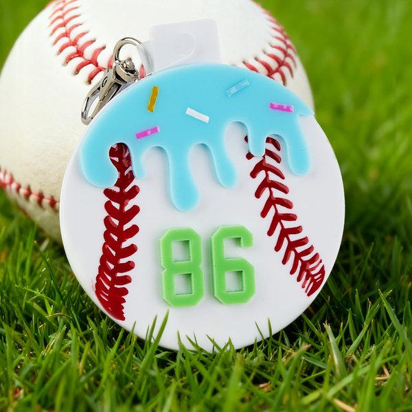Personalized Ice Cream Drip Baseball Keychain with Number Birthday Team Gift for Coach Baseball Lover Teammate