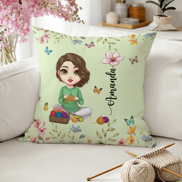 Personalised Birth Flower Cartoon Character Soft Cushion Cover with Name Mother's Day Birthday Gift for Women Knitting Lovers