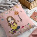 Personalised Birth Flower Cartoon Character Soft Cushion Cover with Name Mother's Day Birthday Gift for Women Knitting Lovers
