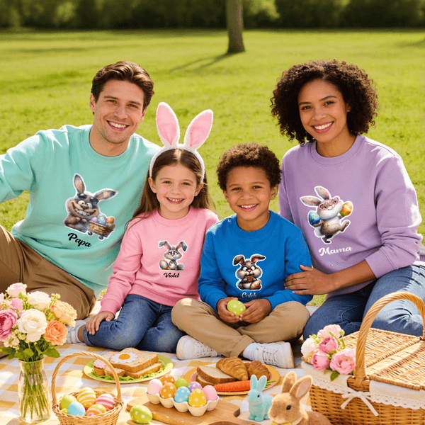 Personalized Easter Cartoon Bunny Multicolor Kid/Adult T-shirt Sweatshirt with Name Easter Birthday Gift for Family Kids