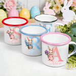 Personalised Cartoon Easter Bunny Birth Flower Initial 12 oz Coloured Rim Enamel Mug with Name Easter Gift for Boys and Girls