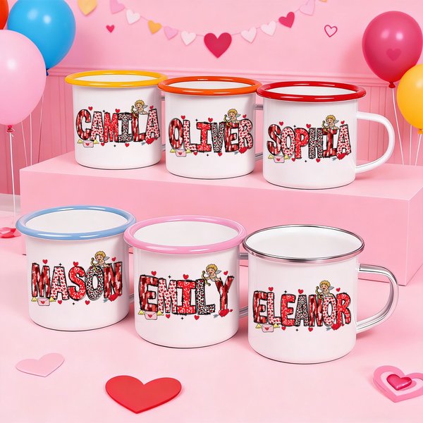 Personalized Romantic Cupid Heart Pattern 12 oz Enamel Mug with Name Home Decor Valentine's Day Birthday Gift for Kids Couple