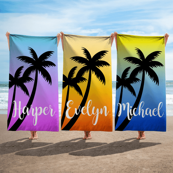 Toalla de playa personalizada con nombre Palm Tree Gradient Color Oversized Quick Dry Beach Essentials Birthday Gift for Family Friend
