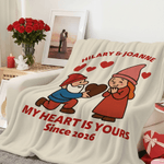 Personalized Cute Dwarf Couple Heart Rose Soft Throw Blanket with Name and Year Home Decor Valentine's Day Anniversary Gift for Couples