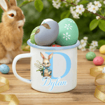 Personalised Cartoon Easter Bunny Birth Flower Initial 12 oz Coloured Rim Enamel Mug with Name Easter Gift for Boys and Girls