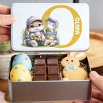 Personalised Cute Bunny Flowers Easter Eggs Initial Food Grade Metal Biscuit Tin Storage Box with Name Easter Holiday Gift for Family Kids