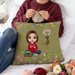 Personalised Birth Flower Cartoon Character Soft Cushion Cover with Name Mother's Day Birthday Gift for Women Knitting Lovers