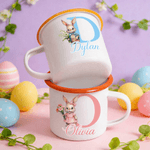 Personalised Cartoon Easter Bunny Birth Flower Initial 12 oz Coloured Rim Enamel Mug with Name Easter Gift for Boys and Girls