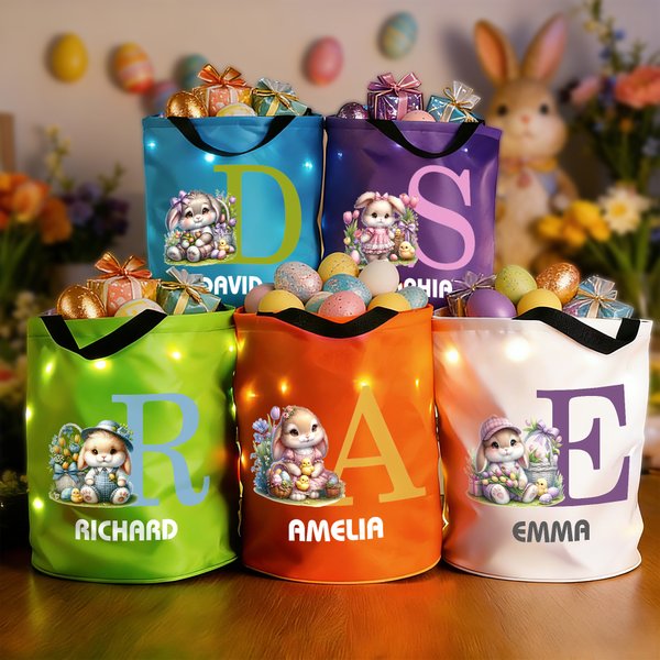 Personalised Glowing Cartoon Cute Bunny Basket with Name and Initial  Easter Party Easter Gift for Kids Family