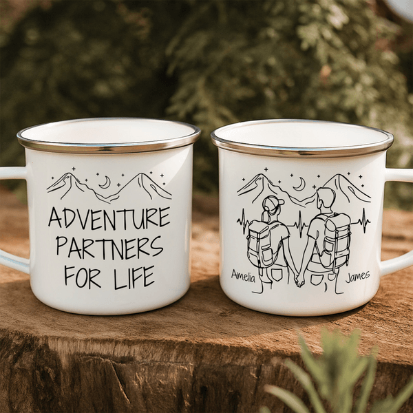 Personalised Adventure Hiking Line Drawing 12 oz Enamel Mug with Name Birthday Camping Gift for Friends Hikers