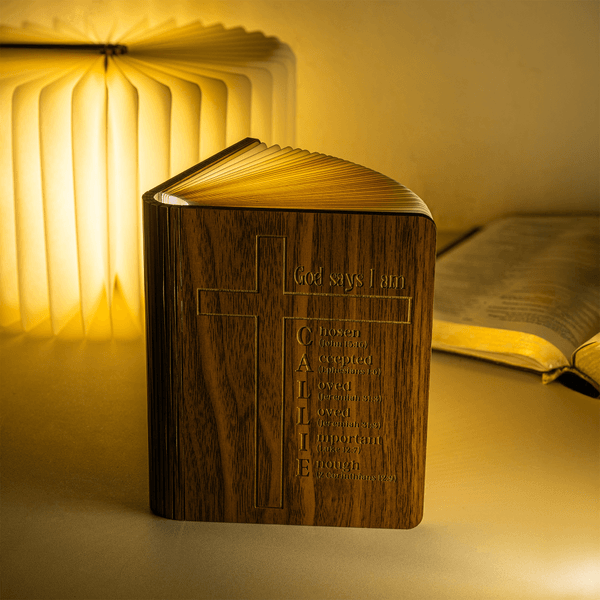 Personalised Engraved Cross Bible Verse Wooden LED Book Lamp with Name Home Decor Baptism Birthday Gift for Family Friend Christian
