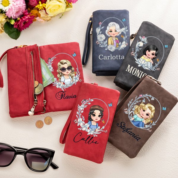Portafoglio personalizzato con nome, personaggio animato e fiore di nascita in stile vintage - Regalo per compleanni e matrimoni per donne o ragazze