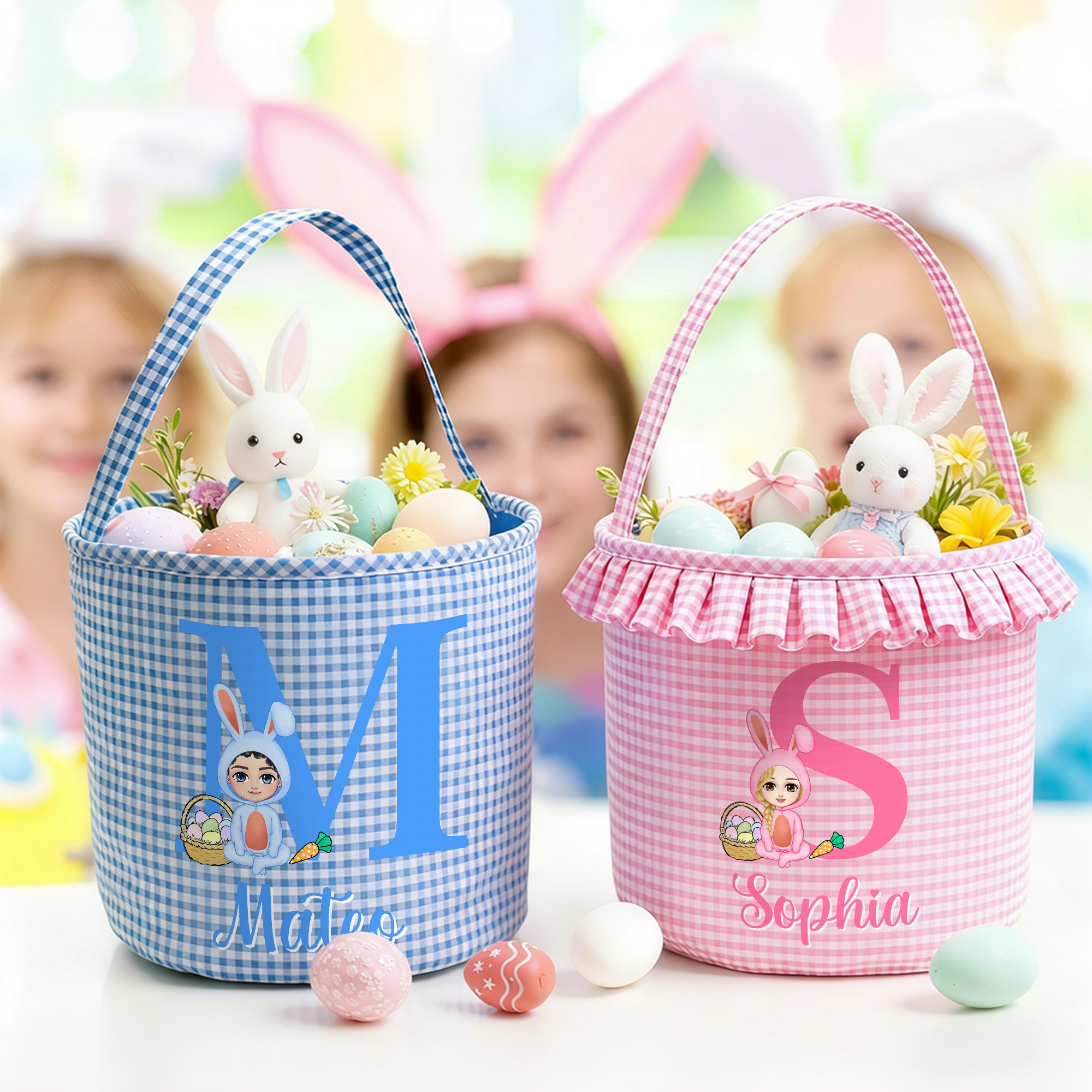 Personalisierte niedlichen Cartoon Bunny Anzug Charakter Plaid Osterkorb mit Initialen und Namen Ostereierjagd Ostergeschenk für Jungen Mädchen