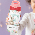Personalised Cute Easter Bunny Initial  12oz Kid Insulated Name Water Bottle with Handle and Silicone Straw Easter Birthday Gift for Boys Girls