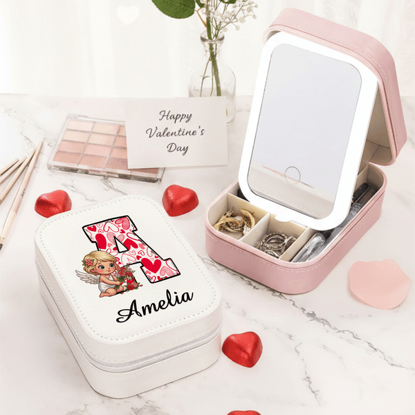 Personalised Sweet Cupid Angel PU Leather Jewellery Box with Name and Adjustable Three-Colour LED Mirror Valentine's Day Anniversary Gift for Women