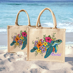Personalized Cute Colorful Floral Sea Turtle Large Capacity Jute Bag with Name Daily Use Birthday Gift for Friends Women