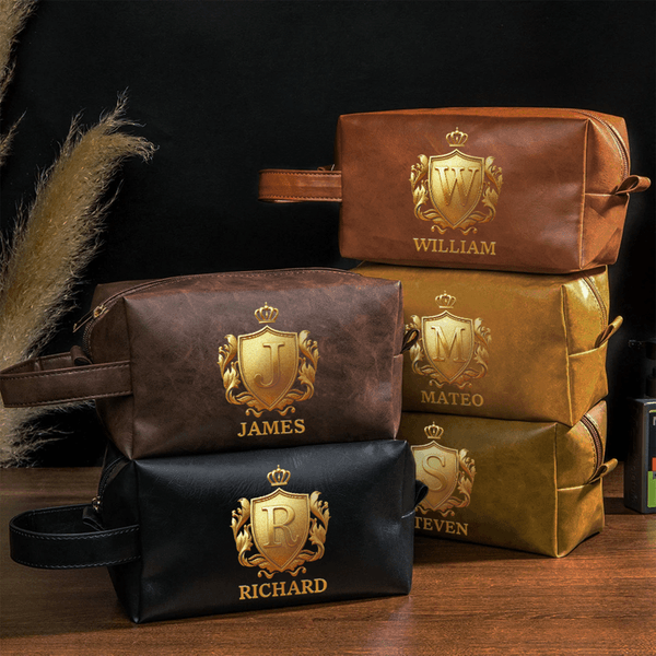Personalized Heraldic Monogram Crest PU Leather Toiletry Bag with Initial and Name Travel Accessories Birthday Gift for Men
