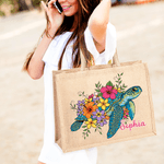 Personalized Cute Colorful Floral Sea Turtle Large Capacity Jute Bag with Name Daily Use Birthday Gift for Friends Women