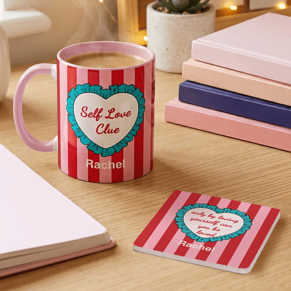 Personalized Self Love Clue Heart 11 oz 15 oz Ceramic Mug with Name and Coaster Valentine's Day Birthday Gift for Her Him