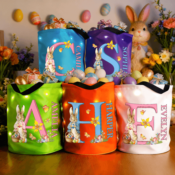 Personalised Cute Easter Bunny Letter LED Light Basket with Name Easter Gift for Kids  Family