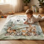 Couverture douce personnalisée avec motif animaux de la forêt aquarelle nom et texte - Cadeau anniversaire pour enfants