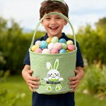 Personalized Cute Bunny Plaid Easter Basket with Name Easter Eggs Hunting Easter Day Gift for Boys Girls