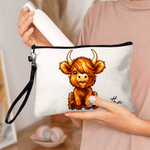 Gepersonaliseerd schattig Highland koe linnen make-up tasje met naam en polsbandje verjaardagscadeau voor Highland koe liefhebbers vrouwen