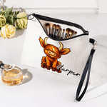 Gepersonaliseerd schattig Highland koe linnen make-up tasje met naam en polsbandje verjaardagscadeau voor Highland koe liefhebbers vrouwen