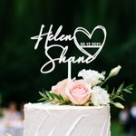 Personalised Script Line Acrylic and Linden Wood Heart Shaped Wedding Cake Topper with Name and Date Wedding Birthday Gift for  Newlyweds