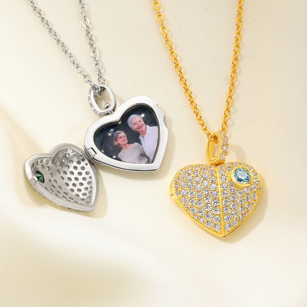 Personalisierte Herz-Medaillon Halskette mit Foto und Geburtsstein | aufklappbar | Schmuck | Jahrestag Geburtstag Valentinstag Geschenk für Frauen