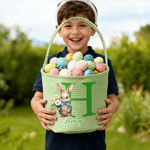 Personalizado lindo conejito de nacimiento de flores de tela escocesa cesta de Pascua con el nombre de Pascua Caza del Huevo de Pascua de Regalo para Niños Niñas