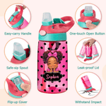 Personalised Polka Dot Cute Cartoon Black Girl Name 12 oz 16 oz Water Bottle with Straw and Handle Back to School Birthday Gift for Girls