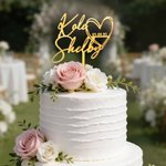 Personalised Script Line Acrylic and Linden Wood Heart Shaped Wedding Cake Topper with Name and Date Wedding Birthday Gift for  Newlyweds