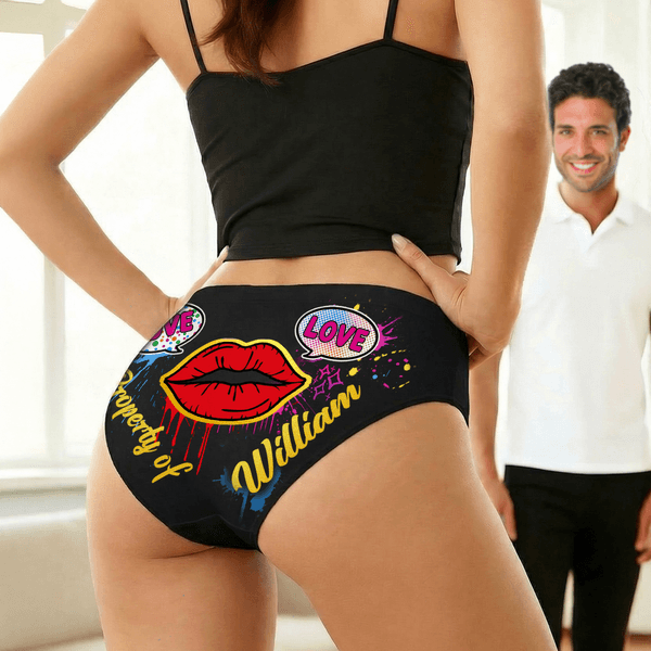 Personalised Property of Lip Print Graffiti Low-Waisted Brief with Name Women's Underwear Valentine's Day Anniversary Gift for Women