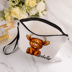 Gepersonaliseerd schattig Highland koe linnen make-up tasje met naam en polsbandje verjaardagscadeau voor Highland koe liefhebbers vrouwen