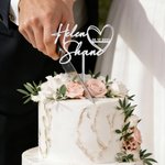 Personalised Script Line Acrylic and Linden Wood Heart Shaped Wedding Cake Topper with Name and Date Wedding Birthday Gift for  Newlyweds