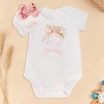 Personalised 100% Cotton Bow Flower Soft Baby Girl Onesie Bodysuit Hat with Name Baby Shower Birthday Gift for Newborns New Parents