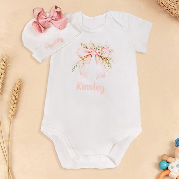 Chapeau Bodysie pour bébé fille avec nom Cadeau d'anniversaire pour nouveau-né 100% coton avec noeud et fleur