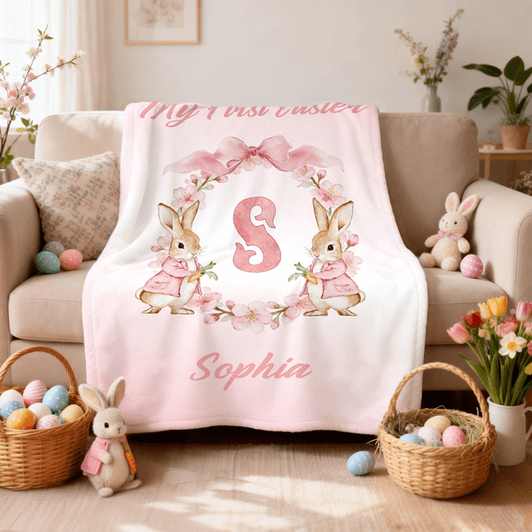 Personalised Watercolour Bunny Bow Wreath Soft Throw Blanket with Title Name and Initial Home Decor Easter Birthday Gift for Kids
