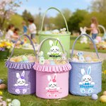 Personalized Cute Bunny Plaid Easter Basket with Name Easter Eggs Hunting Easter Day Gift for Boys Girls