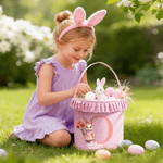Personalizado lindo conejito de nacimiento de flores de tela escocesa cesta de Pascua con el nombre de Pascua Caza del Huevo de Pascua de Regalo para Niños Niñas