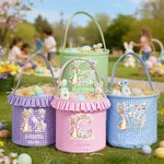 Henkilökohtainen söpö Bunny Flower Initial Plaid pääsiäiskori nimi ja röyhelöt munat metsästys osapuoli pääsiäislahja lapsille