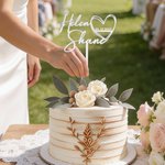Personalised Script Line Acrylic and Linden Wood Heart Shaped Wedding Cake Topper with Name and Date Wedding Birthday Gift for  Newlyweds
