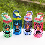 Personalised Polka Dot Cute Cartoon Black Girl Name 12 oz 16 oz Water Bottle with Straw and Handle Back to School Birthday Gift for Girls