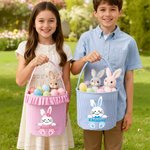 Personalized Cute Bunny Plaid Easter Basket with Name Easter Eggs Hunting Easter Day Gift for Boys Girls