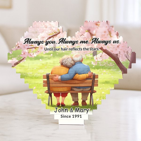 Personalizzato Cartoon Compagno anziano a forma di cuore Puzzle di mattoncini con nomi e anno Regalo di San Valentino Compleanno Anniversario per la coppia