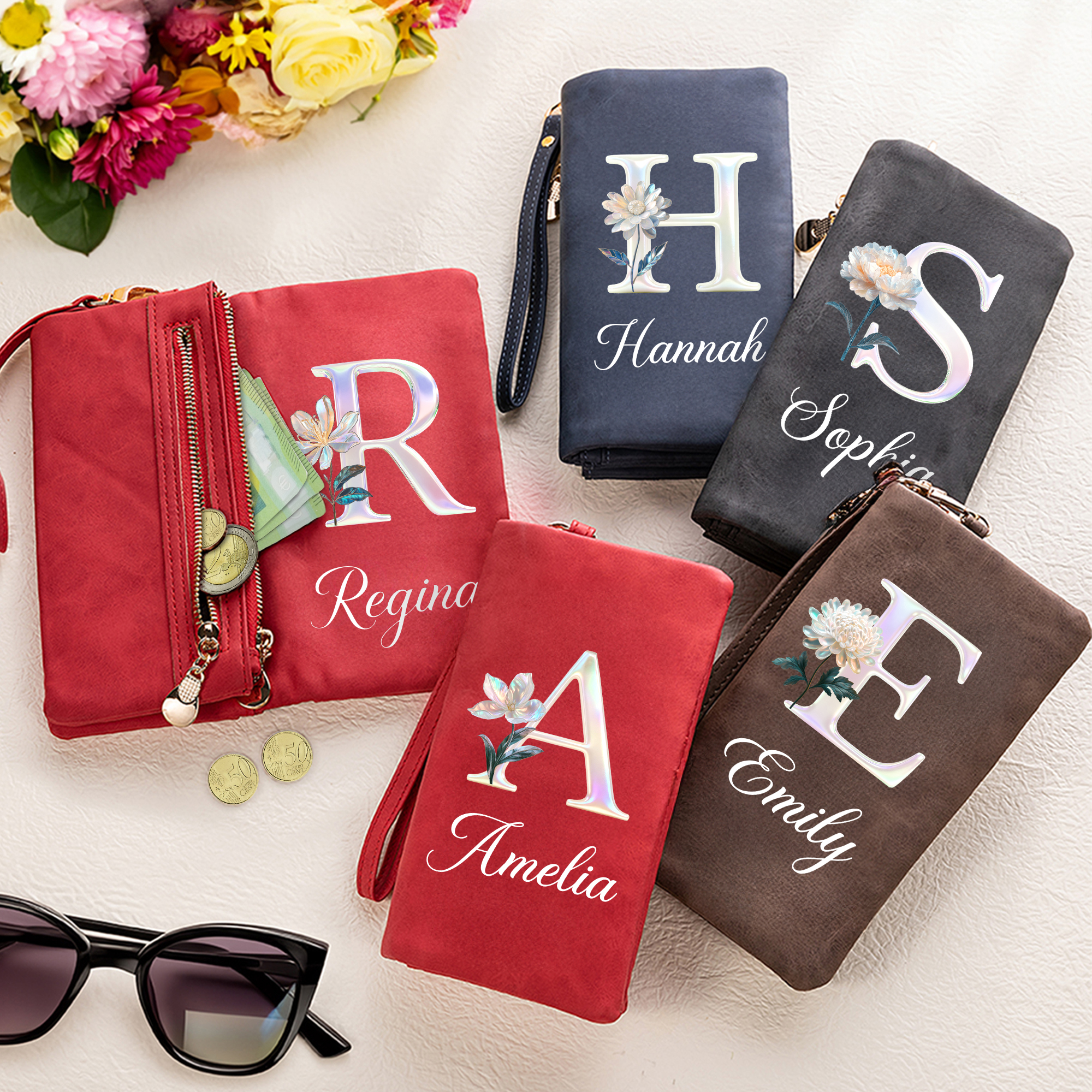 Personalisierte Geldbörse im irisierenden Design | mit Namen Geburtsblume Initiale | PU-Leder-Portemonnaie | Geburtstag Muttertag Geschenk für Frauen