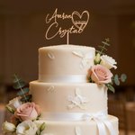 Personalised Script Line Acrylic and Linden Wood Heart Shaped Wedding Cake Topper with Name and Date Wedding Birthday Gift for  Newlyweds