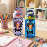 Personalised Polka Dot Cute Cartoon Black Girl Name 12 oz 16 oz Water Bottle with Straw and Handle Back to School Birthday Gift for Girls